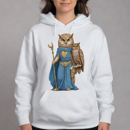 A full-body design of Athena, the Greek goddess of wisdom, featured on a hoodie. She is in classic Greek attire, with an owl on her shoulder, and a shield and spear in her hands.