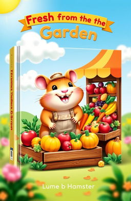 A colorful and whimsical book cover featuring a cute, cartoonish hamsters made out of plasticine (clay), joyfully selling a variety of vibrant fruits and vegetables in a sunlit farmers market setting