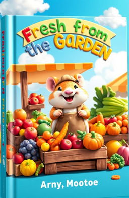 A colorful and whimsical book cover featuring a cute, cartoonish hamsters made out of plasticine (clay), joyfully selling a variety of vibrant fruits and vegetables in a sunlit farmers market setting