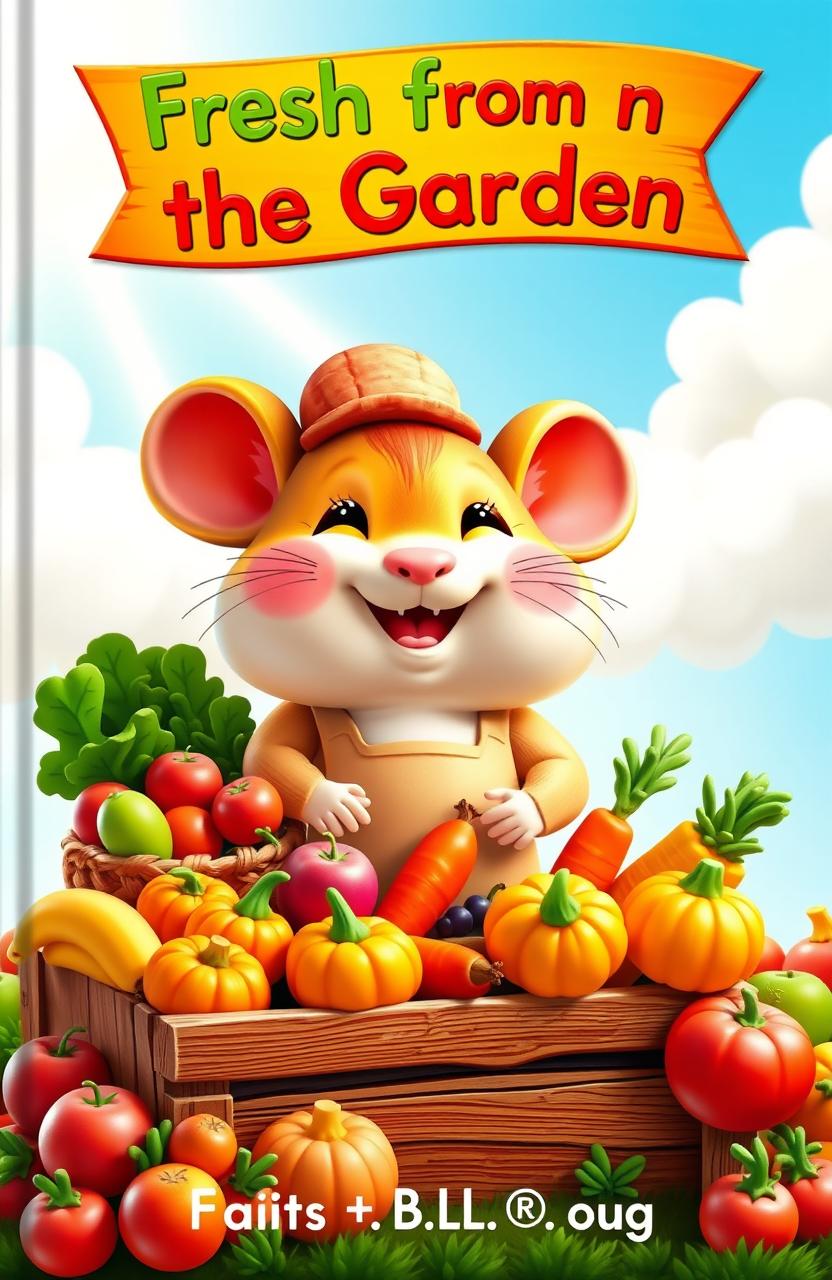 A colorful and whimsical book cover featuring a cute, cartoonish hamsters made out of plasticine (clay), joyfully selling a variety of vibrant fruits and vegetables in a sunlit farmers market setting