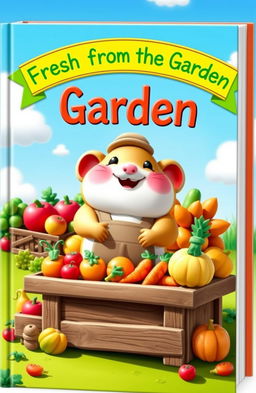 A colorful and whimsical book cover featuring a cute, cartoonish hamsters made out of plasticine (clay), joyfully selling a variety of vibrant fruits and vegetables in a sunlit farmers market setting