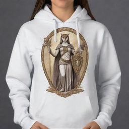 A full-body design of Athena, the Greek goddess of wisdom, featured on a hoodie. She is in classic Greek attire, with an owl on her shoulder, and a shield and spear in her hands.