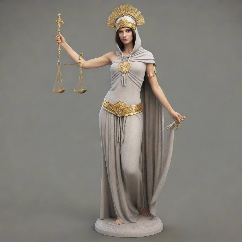 A full body design of Athena as the goddess of justice for a hoodie. She is featured in classic Greek attire holding a balanced scale in one hand and a sword in the other in support of lawful order.