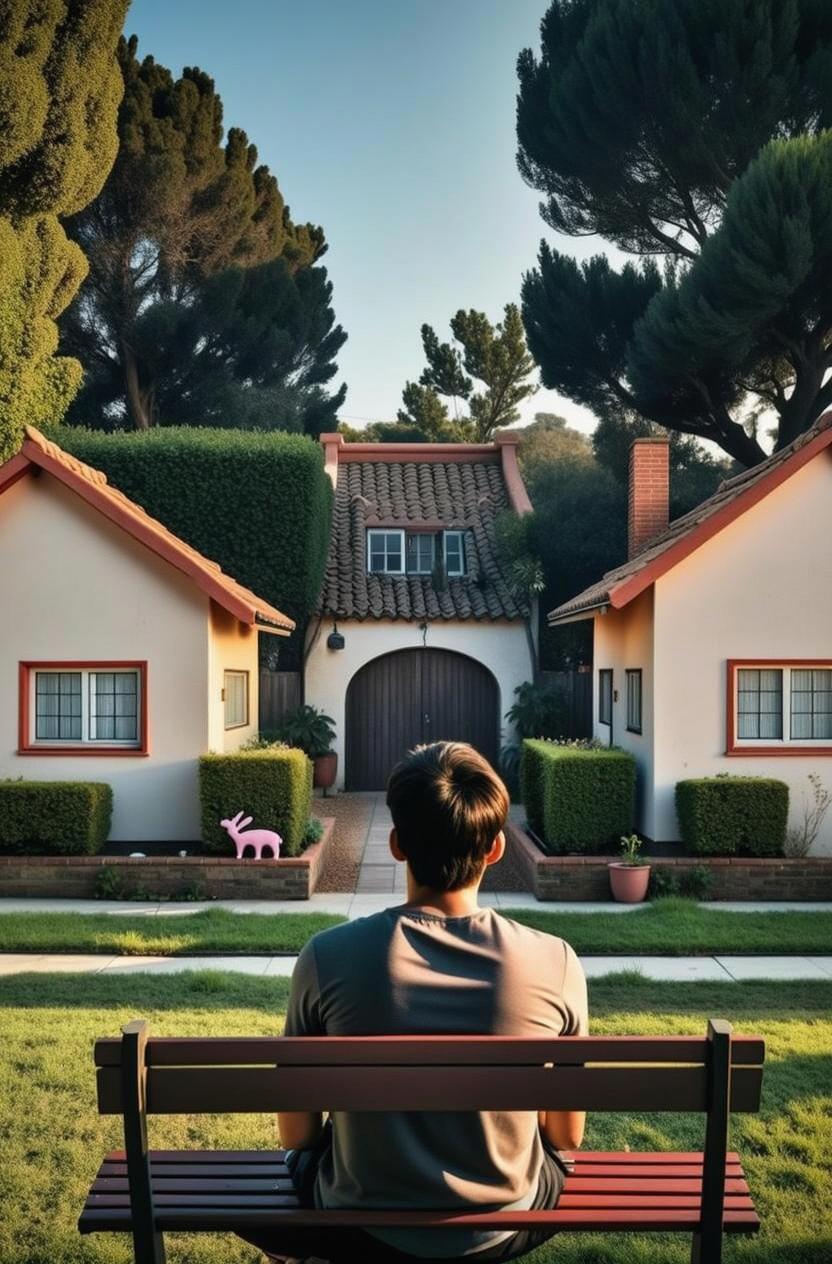 A serene suburban scene featuring a person sitting on a bench in front of two charming houses, surrounded by lush greenery and hedges