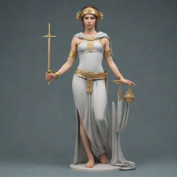 A full body design of Athena as the goddess of justice for a hoodie. She is featured in classic Greek attire holding a balanced scale in one hand and a sword in the other in support of lawful order.