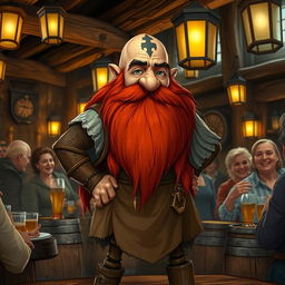 A dwarf tavern keeper with long, red and grey beards, featuring a distinctive tattoo on his bald head