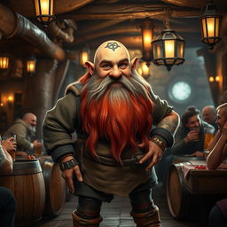 A dwarf tavern keeper with long, red and grey beards, featuring a distinctive tattoo on his bald head