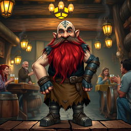 A dwarf tavern keeper with long, red and grey beards, featuring a distinctive tattoo on his bald head