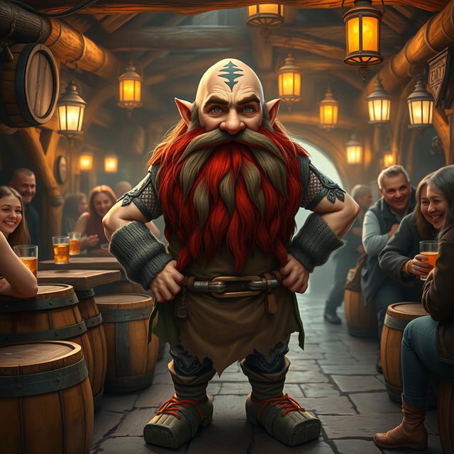 A dwarf tavern keeper with long, red and grey beards, featuring a distinctive tattoo on his bald head