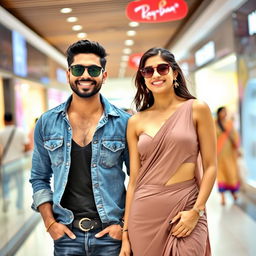 An Indian couple in a lively Chennai mall, showcasing their fashionable styles and happiness