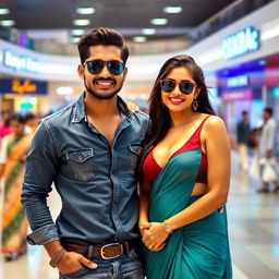 An Indian couple in a lively Chennai mall, showcasing their fashionable styles and happiness