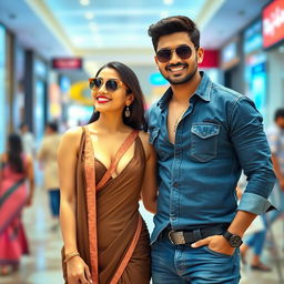 An Indian couple in a lively Chennai mall, showcasing their fashionable styles and happiness