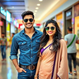 An Indian couple in a lively Chennai mall, showcasing their fashionable styles and happiness