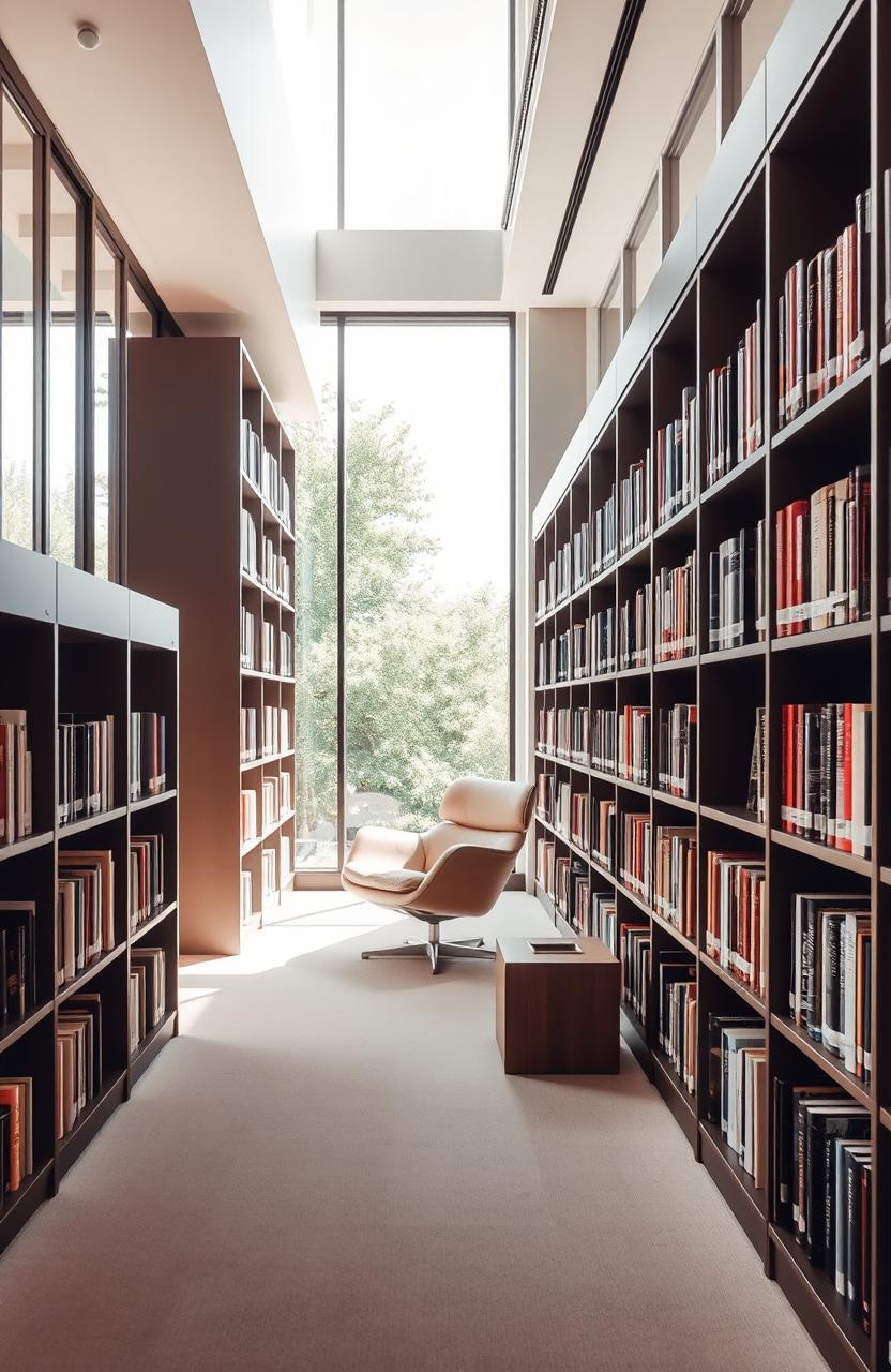 A modern library interior showcasing sleek, contemporary design with bookshelves lining the walls filled with colorful books