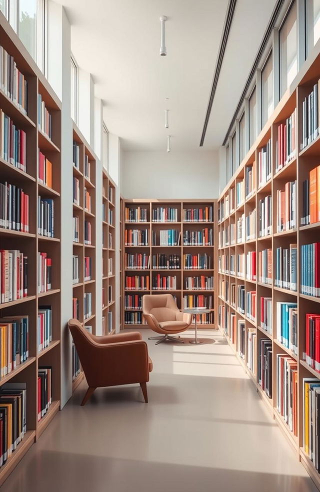 A modern library interior showcasing sleek, contemporary design with bookshelves lining the walls filled with colorful books