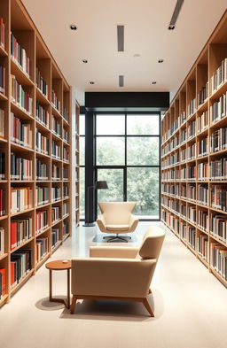 A modern library interior showcasing sleek, contemporary design with bookshelves lining the walls filled with colorful books