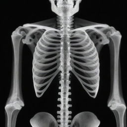 A detailed black and white X-ray image of a human skeleton, showcasing the intricacy of the bone structure.