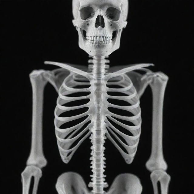 A detailed black and white X-ray image of a human skeleton, showcasing the intricacy of the bone structure.