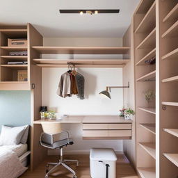 A well-organized 13x10 room design featuring a bed, a study table, a dressing unit, and clever placement of wardrobes and lofts.