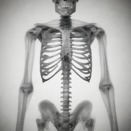 A detailed black and white X-ray image of a human skeleton, showcasing the intricacy of the bone structure.