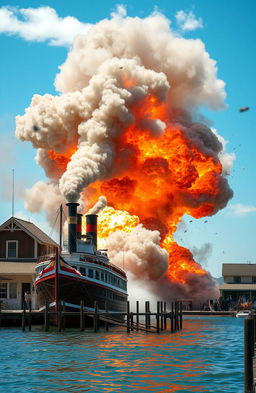 A dramatic scene depicting a steamboat exploding with tons of dynamite, creating a large fireball and smoke in the background