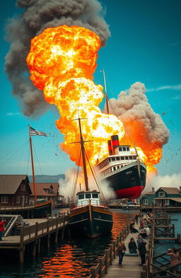 A dramatic scene depicting a steamboat exploding with tons of dynamite, creating a large fireball and smoke in the background