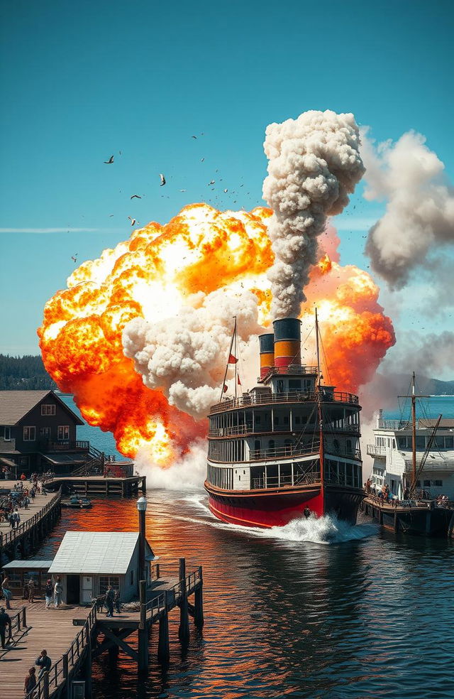 A dramatic scene depicting a steamboat exploding with tons of dynamite, creating a large fireball and smoke in the background