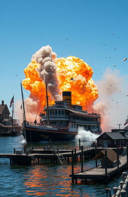 A dramatic scene depicting a steamboat exploding with tons of dynamite, creating a large fireball and smoke in the background