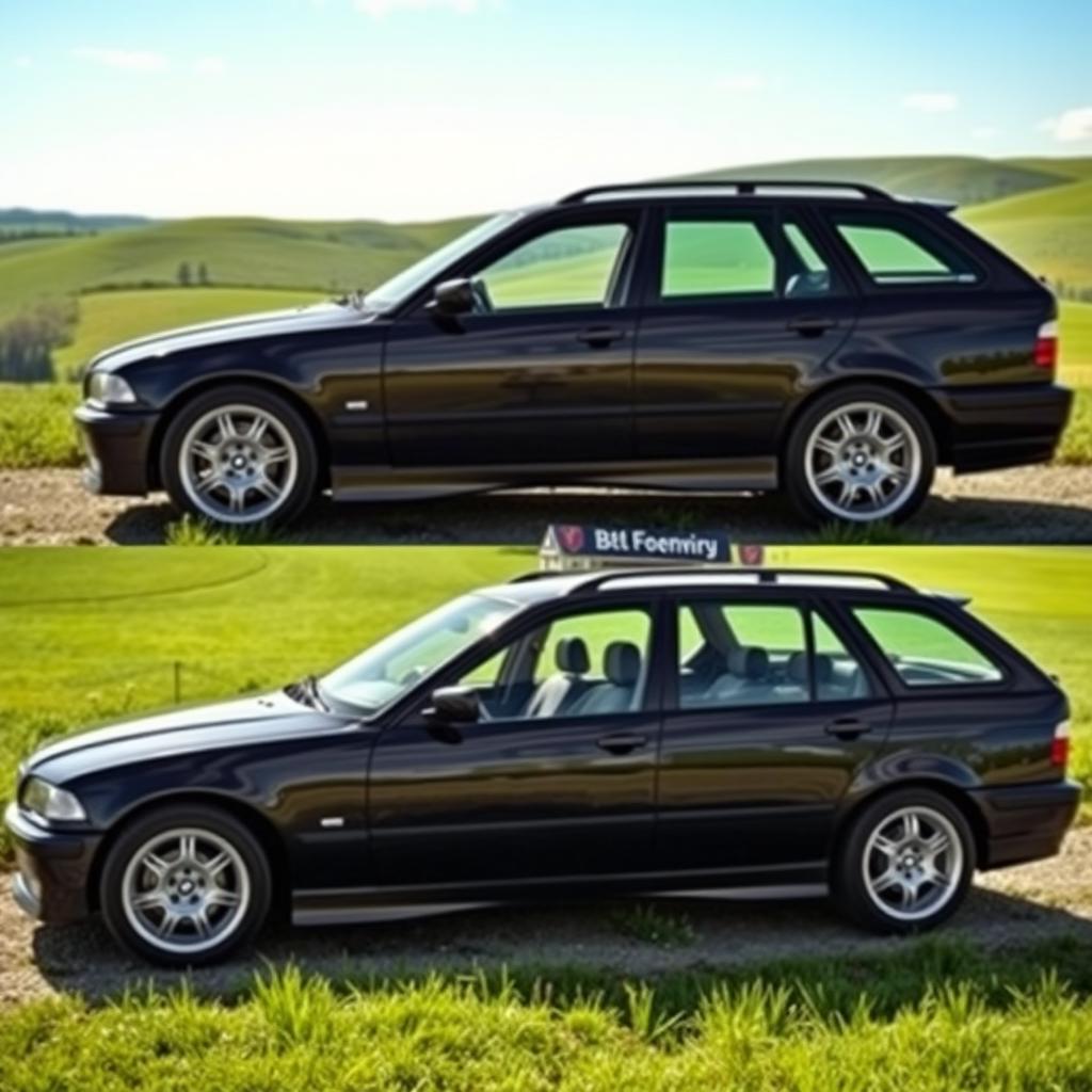 A stunning BMW E36 Touring parked in a scenic countryside setting, blending classic design with modern touches