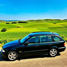 A stunning BMW E36 Touring parked in a scenic countryside setting, blending classic design with modern touches