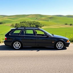 A stunning BMW E36 Touring parked in a scenic countryside setting, blending classic design with modern touches