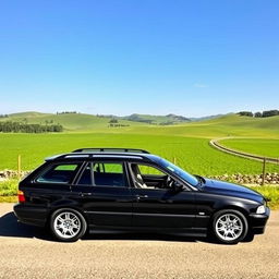 A stunning BMW E36 Touring parked in a scenic countryside setting, blending classic design with modern touches