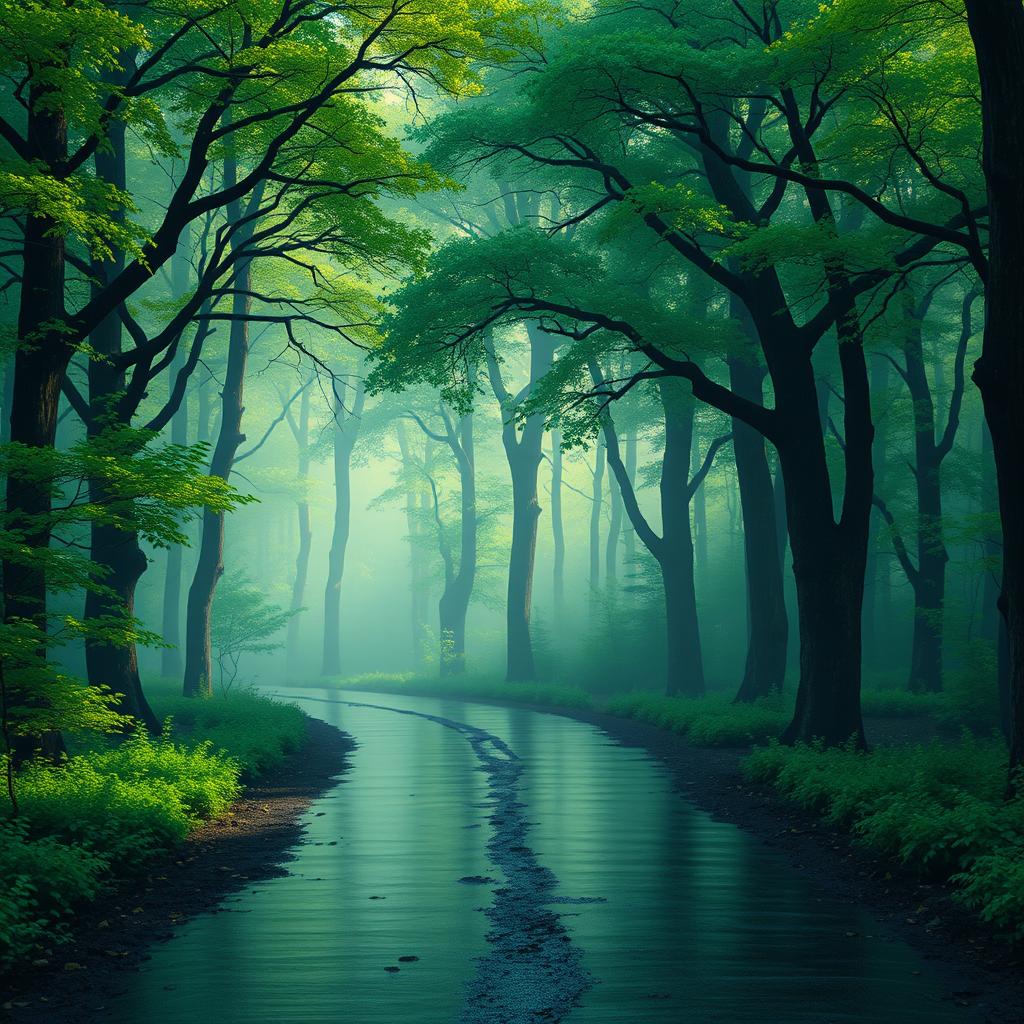 A tranquil spring morning landscape featuring a dense forest with lush greenery