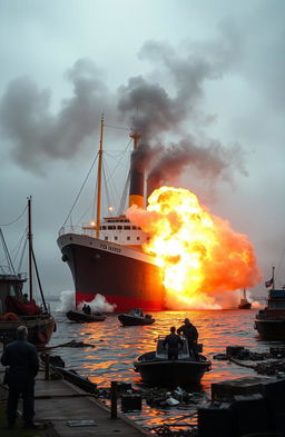 A dramatic scene of a steamship in the harbor experiencing a large dynamite explosion