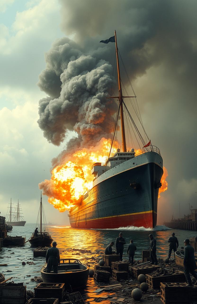 A dramatic scene of a steamship in the harbor experiencing a large dynamite explosion