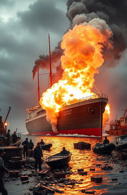 A dramatic scene of a steamship in the harbor experiencing a large dynamite explosion