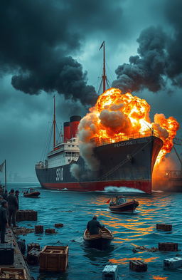 A dramatic scene of a steamship in the harbor experiencing a large dynamite explosion