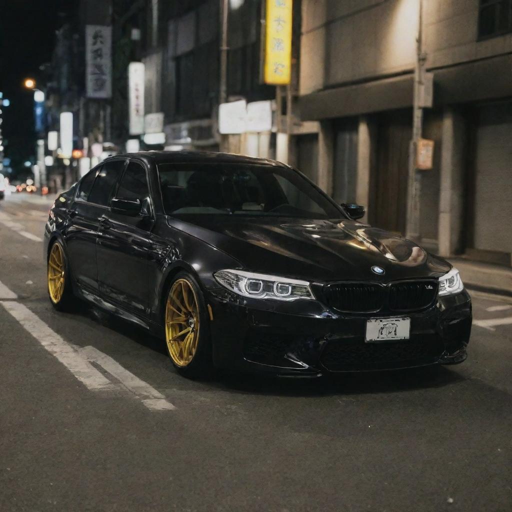 A black BMW M5 with yellow headlights illuminated in the glistening nightlife of Tokyo.