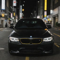 A black BMW M5 with yellow headlights illuminated in the glistening nightlife of Tokyo.