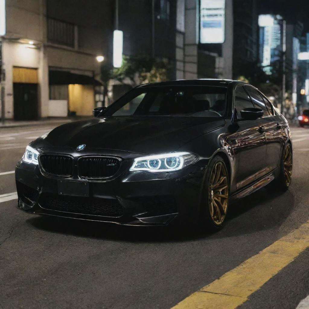 A black BMW M5 with yellow headlights illuminated in the glistening nightlife of Tokyo.