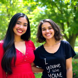 A serene outdoor scene featuring two young women standing close together, smiling, and enjoying a sunny day