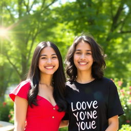 A serene outdoor scene featuring two young women standing close together, smiling, and enjoying a sunny day