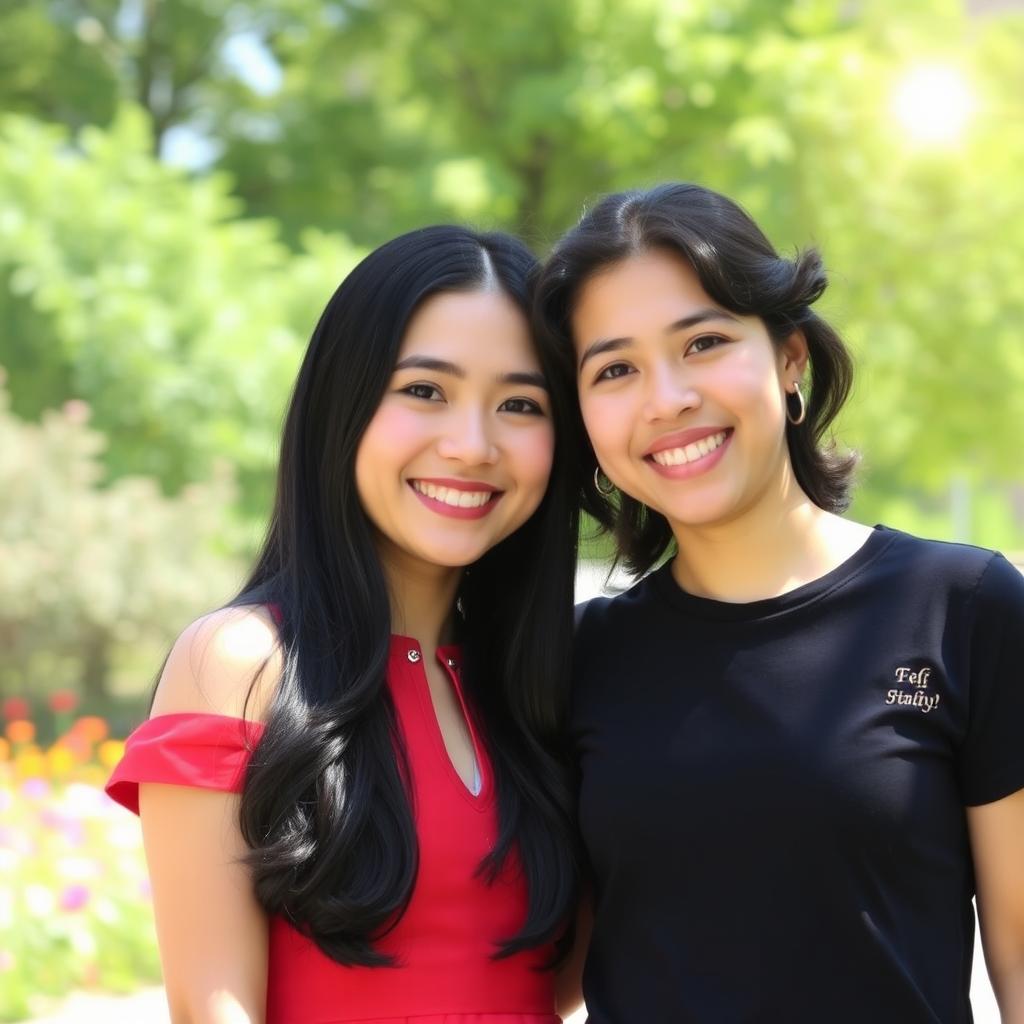 A serene outdoor scene featuring two young women standing close together, smiling, and enjoying a sunny day