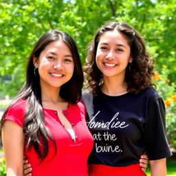 A serene outdoor scene featuring two young women standing close together, smiling, and enjoying a sunny day