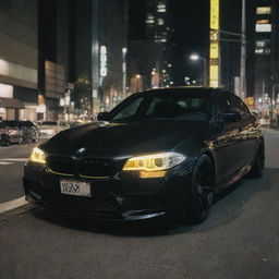 A black BMW M5 with yellow headlights illuminated in the glistening nightlife of Tokyo.