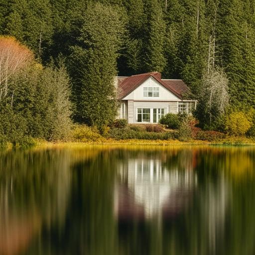 A serene house mirrored on a calm, placid lake