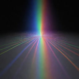 A 3D representation of a laser light diffraction experiment. The laser beam is dispersing into a variety of colors due to passing through a diffraction grating.