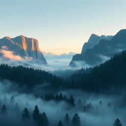A stunning pixel art landscape viewed from a bird's eye perspective, showcasing majestic mountains and a dense forest enveloped in mist