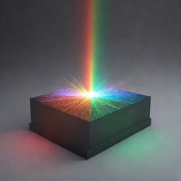 A 3D representation of a laser light diffraction experiment. The laser beam is dispersing into a variety of colors due to passing through a diffraction grating.