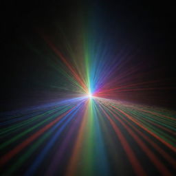 A 3D representation of a laser light diffraction experiment. The laser beam is dispersing into a variety of colors due to passing through a diffraction grating.